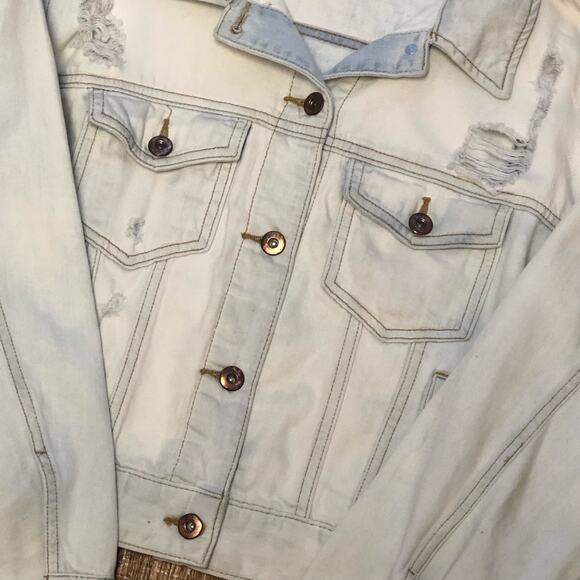 Forever 21 F21 Blue White Light Wash Distressed Jean Jacket Size Small - Picture 3 of 14